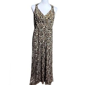 Women’s Leopard Print Sleeveless Maxi Dress Low Cut Ruched straps Size Small S